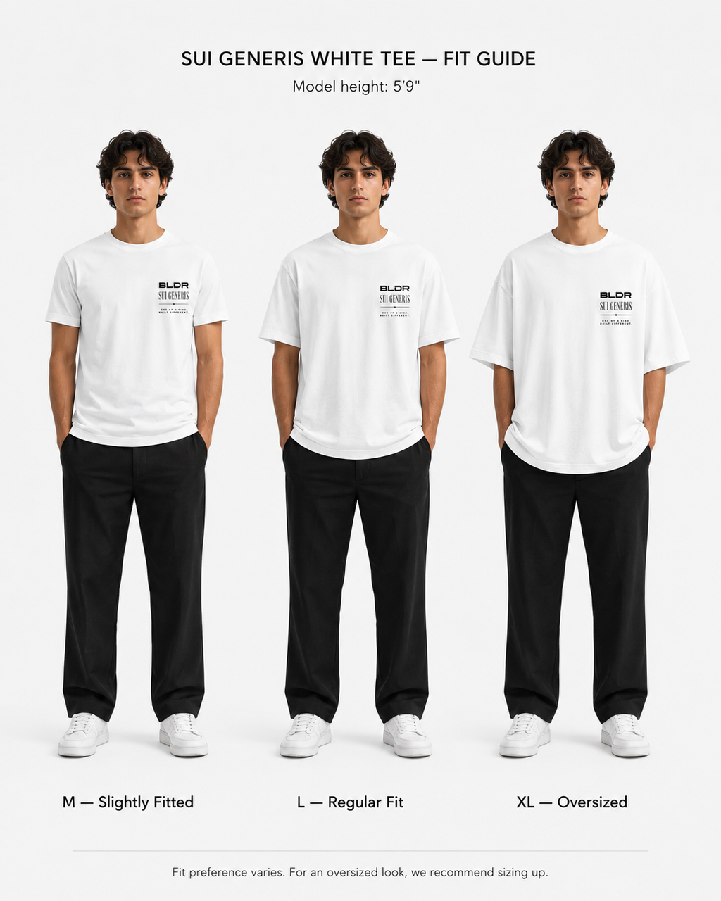 Three models wearing white t-shirts with text, standing side by side to show different fit sizes.