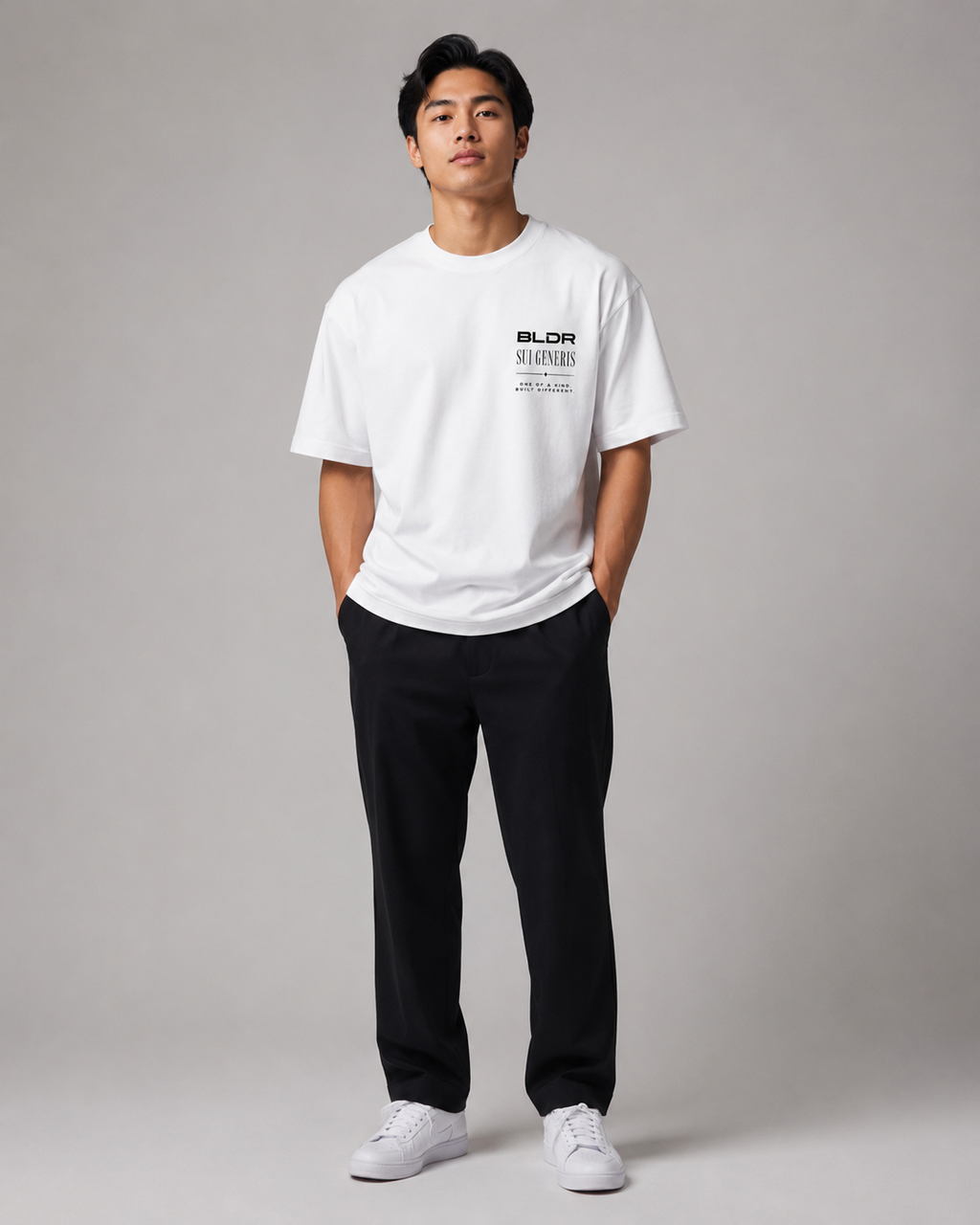 Person wearing a white t-shirt with text and black pants on a gray background